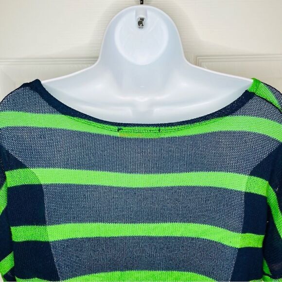 Chris & Carol Open Knit Dolman Short Sleeve Green Stripe Sweater Navy Blue S - Picture 7 of 11